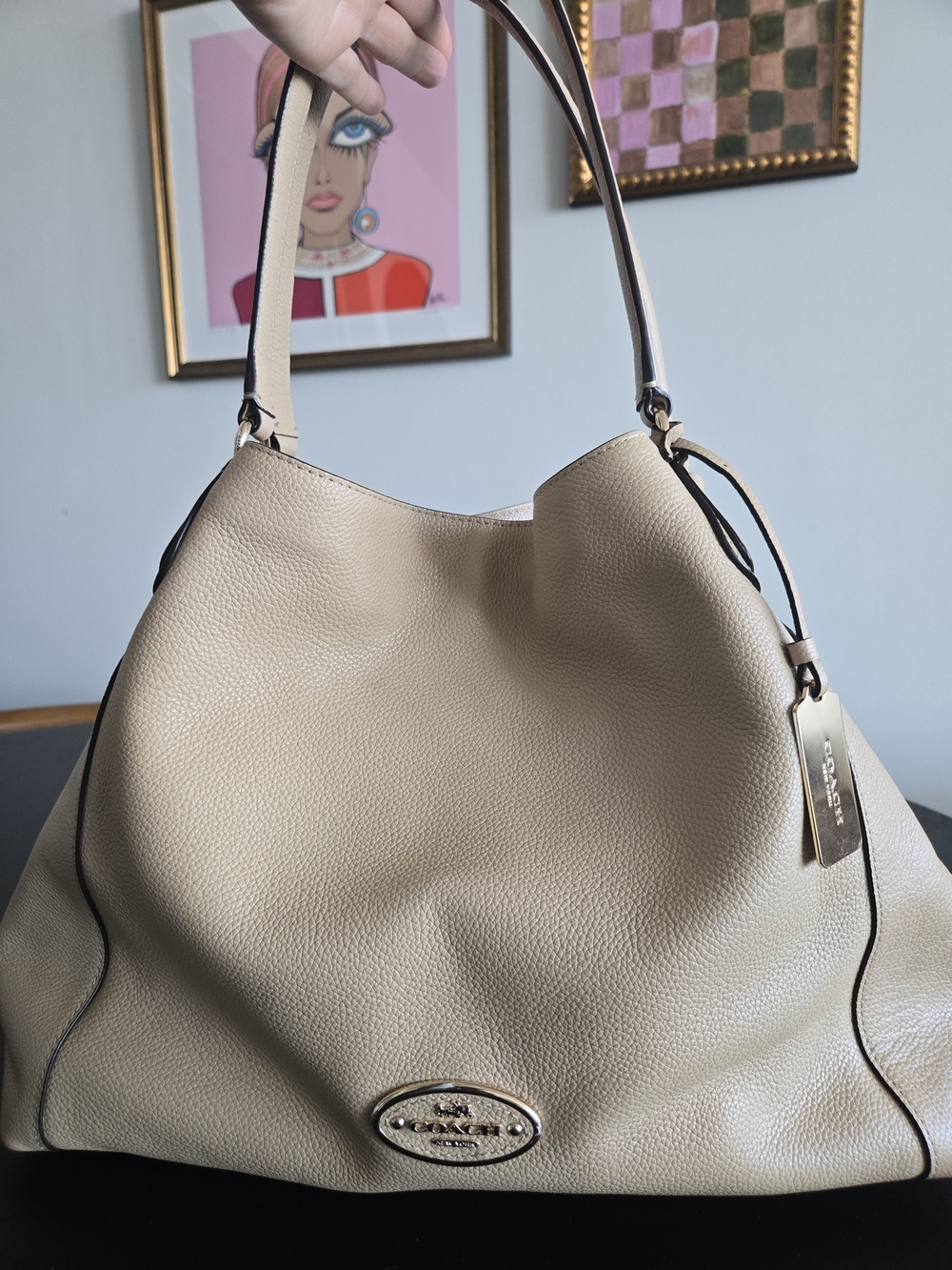 Coach Edie Pebble Leather Shoulder Bag Beige Gold Hardware